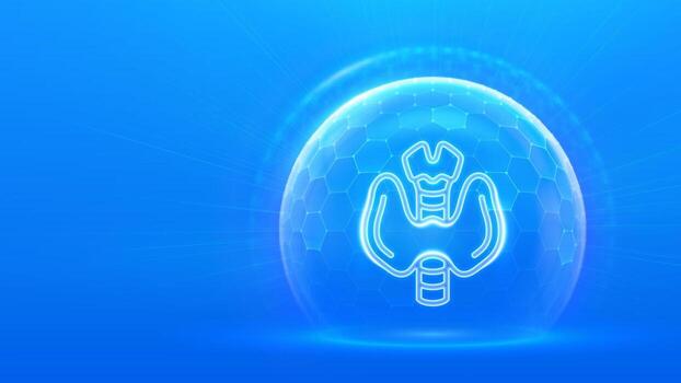 Thyroid gland protection. Raising awareness and preventing thyroid gland diseases. Thyroid gland icon inside protection sphere shield with hexagon pattern on blue background. vector
