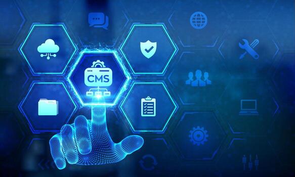 Hand selecting CMS icon on digital interface vector
