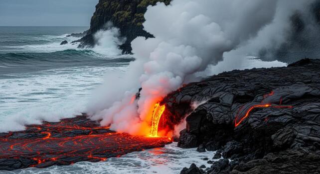 Fiery Lava Flows into Ocean Amidst Dramatic Volcanic Landscape and Crashing Waves photo