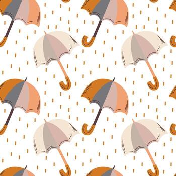 Autumn seamless pattern with umbrellas and falling raindrops on white background vector