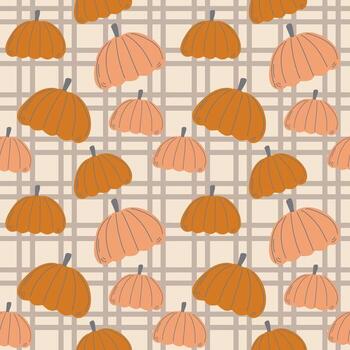 Seamless Fall Pumpkin Pattern with Beige Checkered Background in Flat Style vector