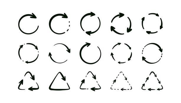 Hand drawn sketch circular round arrow icon set. Handwriting recet, recycling, reload, sync symbol. Clockwise rotation. Crayon scribble childish illustration. Progress indicator vector