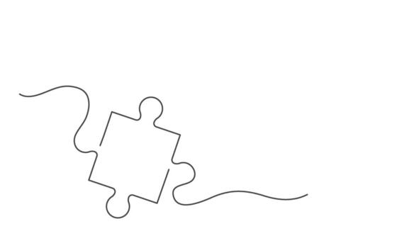 One line drawing of a puzzle piece. Simple outline symbolizing problem solving, cooperation, and strategy. Clean illustration on transparent background vector