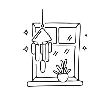 Decorative chime swaying near an open window in doodle sketch vector