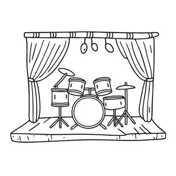 percusión conjunto arreglado en un abierto aire plataforma en garabatear bosquejo vector