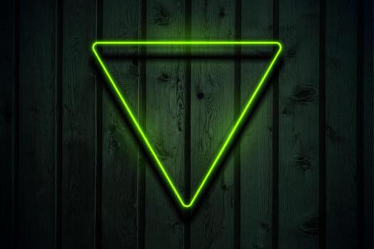 Green neon luminous triangular frame on dark wooden abstract background vector