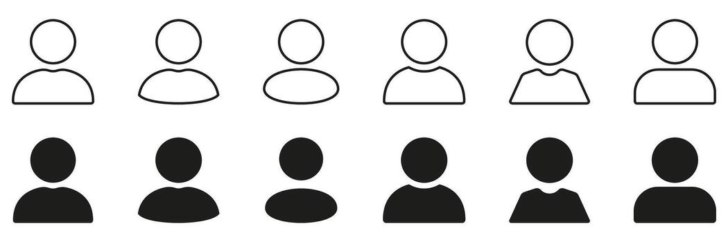 Minimal Person Avatar Line and Solid Icon Set. Human Figures for Login and Identity Display Outline and Silhouette Symbol Collection. Editable Stroke. Isolated Illustration vector