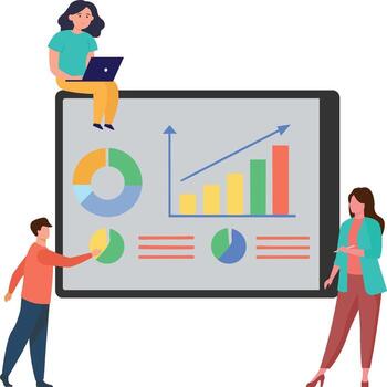 Team analyzing business data on screen vector