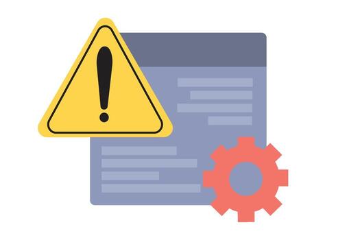 Technology warning sign with webpage and gear icon showing online system error, website alert, or system maintenance. vector