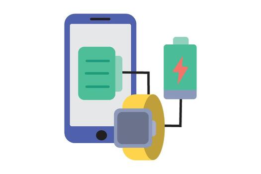 Flat illustration of smartwatch charging and data synchronization with smartphone, symbolizing wearable technology, battery power, and smart device connection. vector