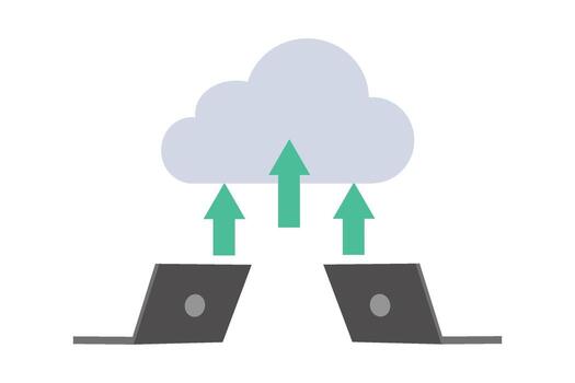 Two laptops connected to cloud storage, illustrating cloud computing, data sharing, and online synchronization concept. vector