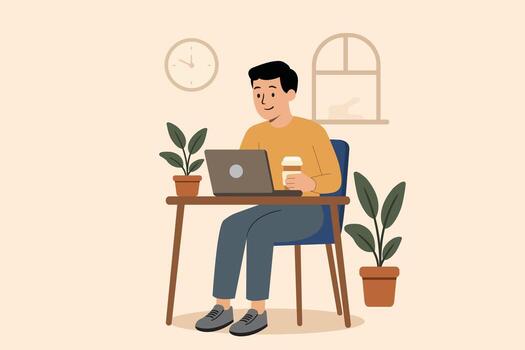 Man with laptop and coffee at desk vector