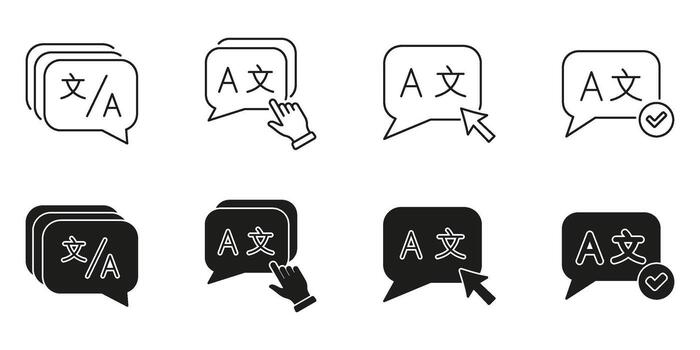 Language Translation Speech Bubble Line And Solid Icon Set. Multilingual Communication And Translation Interface Symbol Collection. Language Selection And Accessibility. Isolated Illustration vector