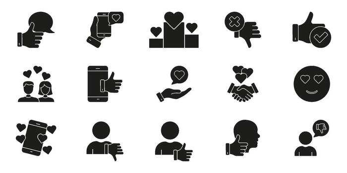 Social Media Engagement And Feedback Silhouette Icons Set. Digital Interaction, Communication, And Approval Symbol Collection. Online Networking And User Experience. Isolated Illustration vector
