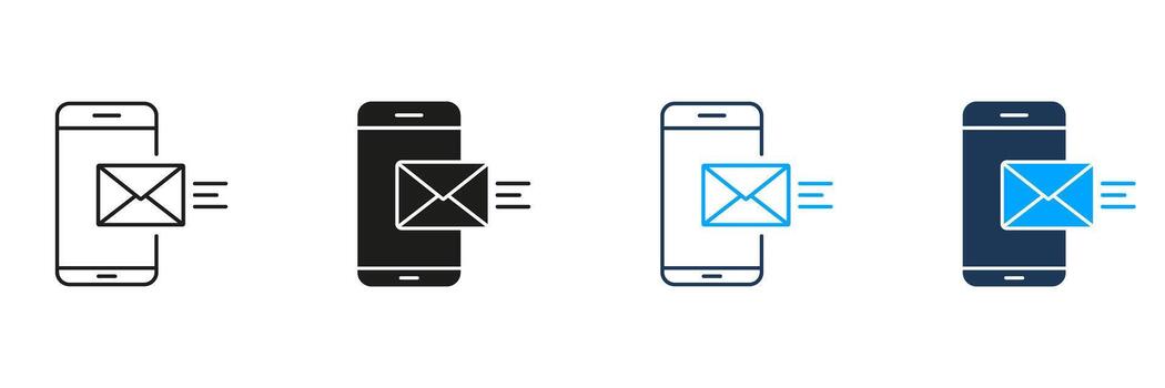 Smartphone With Email Line And Solid Icon Set. Mobile Messaging, Communication, And Email Notification Symbol Collection. Digital Communication Tools. Isolated Illustration vector