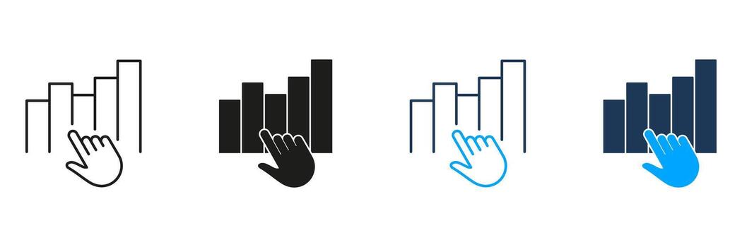 mano señalando a bar gráfico línea y sólido icono colocar. interactivo datos análisis y visualización símbolo recopilación. negocio analítica y actuación seguimiento. aislado ilustración vector