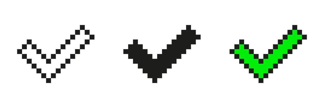 Pixel Art Checkmark Icon Set. Approval And Confirmation Symbols In Pixelated Style. Includes White, Black, And Green Variations. Isolated Illustration vector