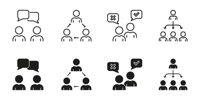 comunicación y trabajo en equipo línea y sólido icono colocar. colaboración, Toma de decisiones, y liderazgo símbolo recopilación. grupo Interacción y administración conceptos. aislado ilustración vector