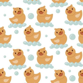 Pattern of cute rubber ducks and bubbles vector