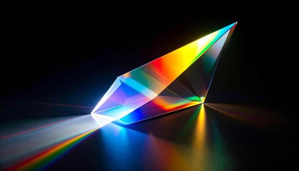 Cinematic scene of light passing through a digital prism, scattering into a vivid rainbow of colors across a matte black background, subtle fog and soft lens flares photo