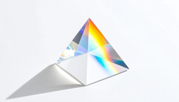Abstract composition of faceted 3D shapes with prismatic light play, colorful highlights, and dynamic color transitions, inspired by light diffraction through glass photo