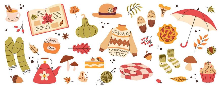 Cozy fall items including sweaters and hats vector
