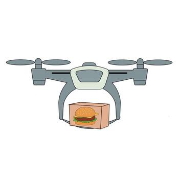A drone with a box and a hamburger vector