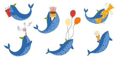 azul ballena fiesta colocar, ballena con pastel, corchete, cumpleaños vela. marina mamíferos. submarino mundo. Perfecto para bebé ducha, cumpleaños fiesta, saludo tarjetas y carteles vector