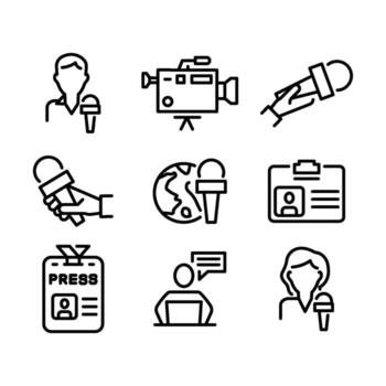 Journalist line icons set. News reporting, media tools, and press coverage symbols vector