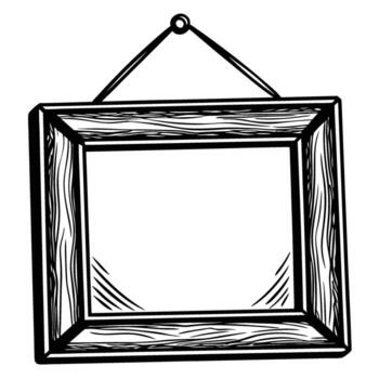 Square wooden frame hanging on wall, hand drawn sketch illustration blank rustic border for artwork or display vector