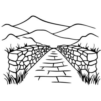 Stone bridge pathway leading into distant mountains, outlined landscape with grass and cobblestone path illustration vector