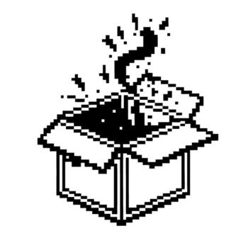 Open pixel box with mysterious smoke rising black and white 8 bit retro style, curiosity, surprise, surprise element vector