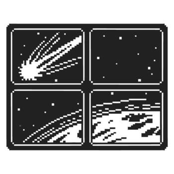 Pixel art window view of outer space, shooting star and distant planet horizon cosmic scene in monochrome, retro digital vector