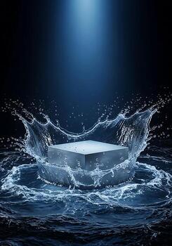 A solid cube submerged in water, creating a dramatic splash with ripples and droplets against a dark, moody background photo