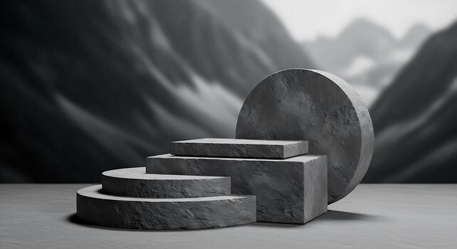 Abstract stone platforms and shapes arranged in a minimalist composition with a mountainous background photo