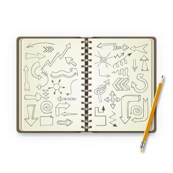 Pencil and open notebook with painted arrows vector