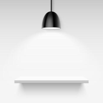 Black ceiling lamp and empty white shelf on a light gray background vector