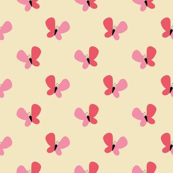 Seamless butterfly pattern in soft pink and coral red on a vanilla beige background. vector