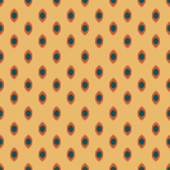 Seamless ikat-style dot pattern in deep teal and rustic red, set on a warm burnt saffron background. Perfect for ethnic textile design, home decor, and modern boho vector