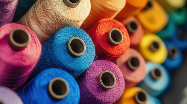 Neatly arranged on a shelf, a row of spools in various colors. photo