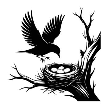 pájaro aterrizaje en nido con huevos árbol ramas vector