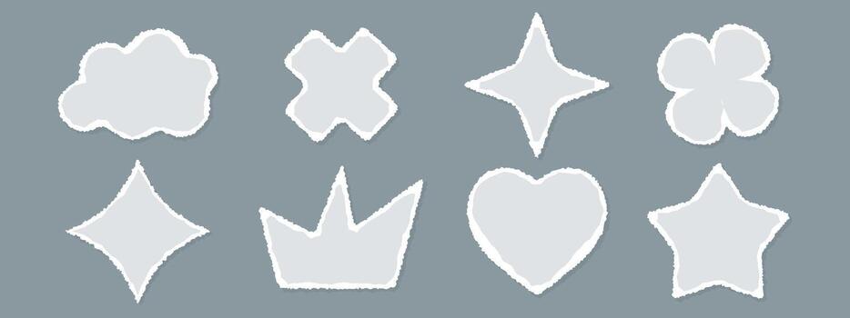 A set of cut out paper shapes with rough, torn edges. Stickers include hearts, crowns, clouds, and stars. templates. vector