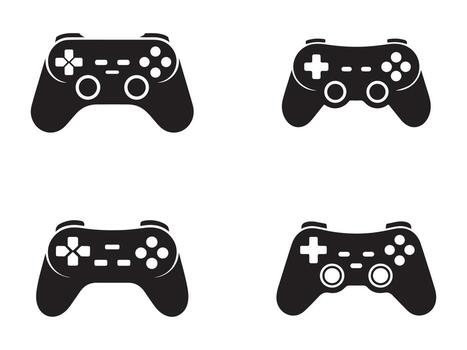 Four identical black silhouette game controllers against a plain white background. vector
