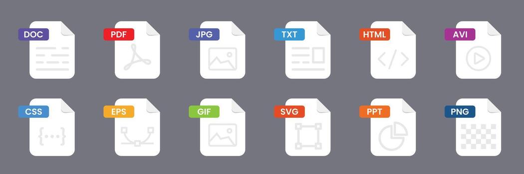 Set of files format and document icon collection. Audio, , image, system, archive, code and document file symbol. vector