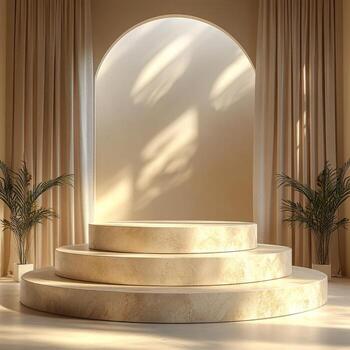 Elegant podium setup against a soft beige background with plush curtains and gentle lighting creates a serene atmosphere ideal for presentations, showcases, or events photo