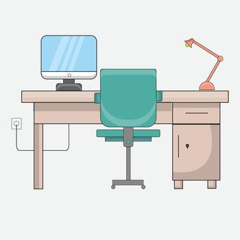 Modern office desk setup with computer, chair, and lamp, perfect for remote work and productivity vector