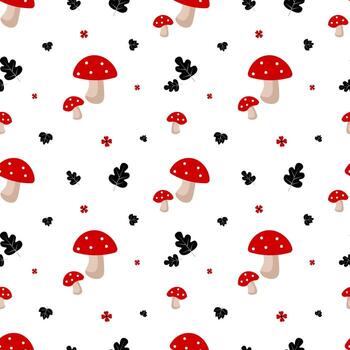 sin costura modelo con mosca agáricos y roble hojas en un blanco antecedentes vector