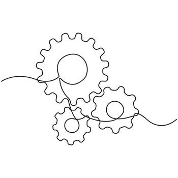 Continuous Line Drawing of three Interlocking Gears Representing Settings, Machinery, Engineering, Mechanical System, Technology, Process, Industrial Concept, or Collaboration in Motion vector