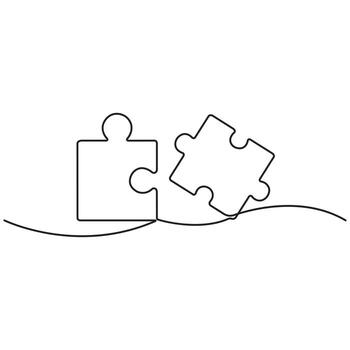 minimalista negro línea Arte de dos rompecabezas piezas, uno vertical y uno inclinado, representando problema resolviendo, trabajo en equipo, conexión, y creativo solución concepto. vector
