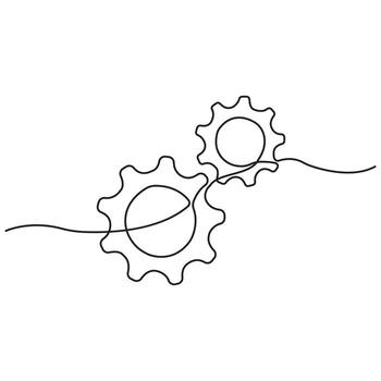Continuous Line Drawing of Two Interlocking Gears Representing Settings, Machinery, Engineering, Mechanical System, Technology, Process, Industrial Concept, or Collaboration in Motion vector